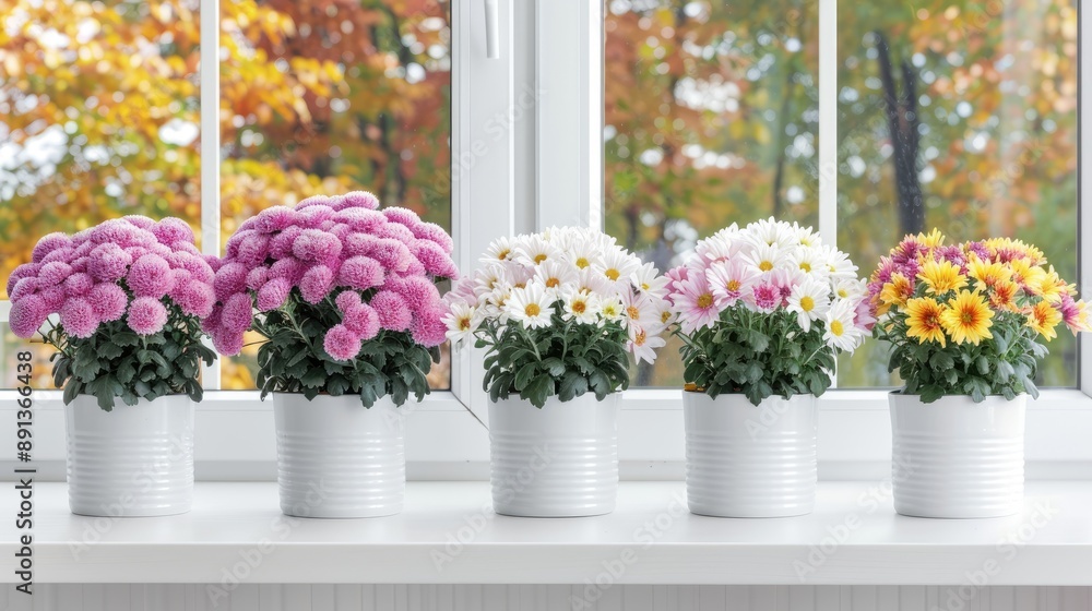 Fototapeta premium potted plants sit on a windowsill, illuminated by natural light. The plants are in various shades of purple, yellow, and white.