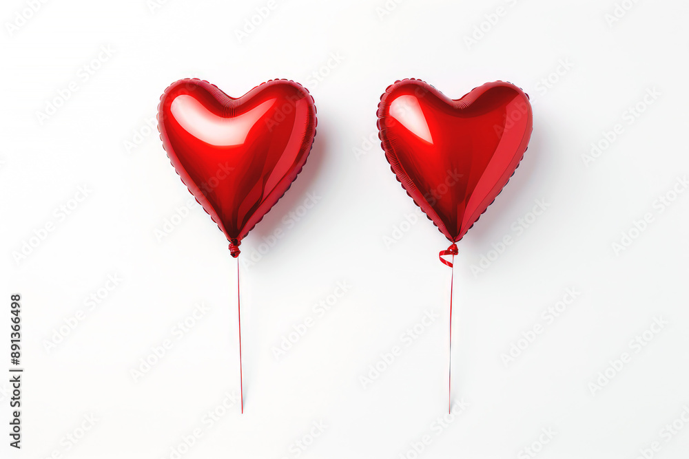 Two glossy red heart-shaped balloons on a white background. Suitable for Valentine's Day and Mother's Day decoration. Two glossy red heart-shaped balloons on a white background. Suitable for Valentine's Day and Mother's Day decoration.