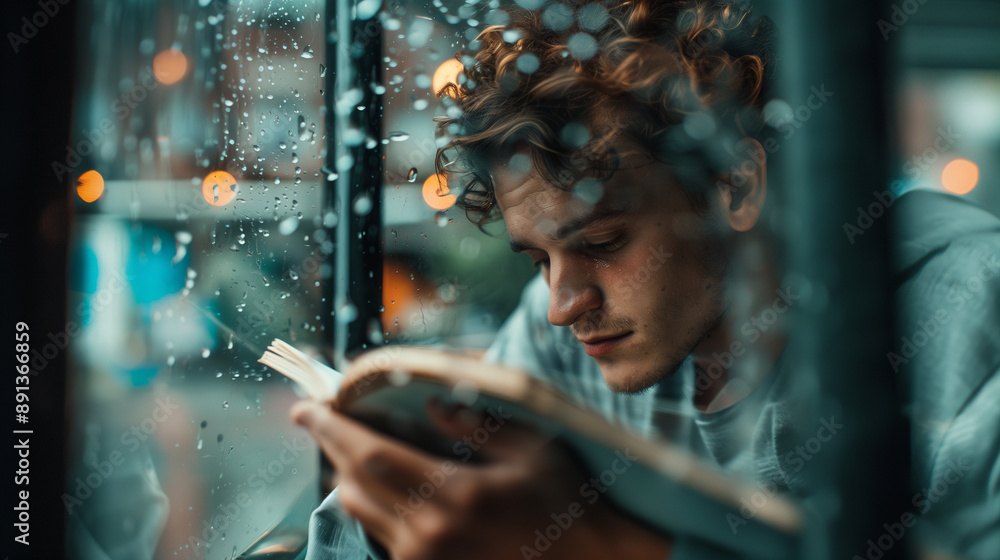 Obraz premium man reading a book on a rainy day