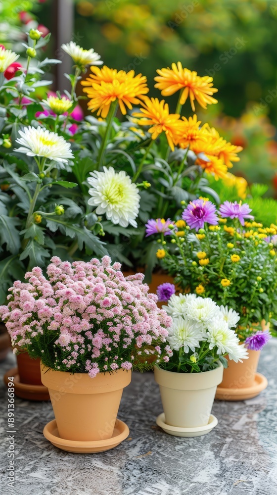 potted plants sit on a windowsill, illuminated by natural light. The plants are in various shades of purple, yellow, and white potted plants sit on a windowsill, illuminated by natural light. The plants are in various shades of purple, yellow, and white