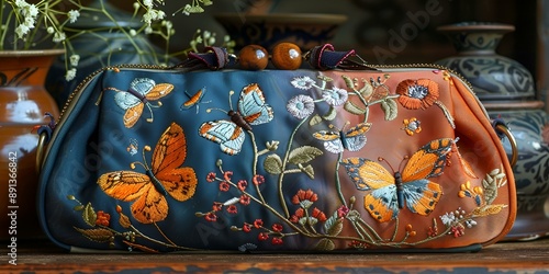 Colorful handbag adorned with butterflies and flowers.