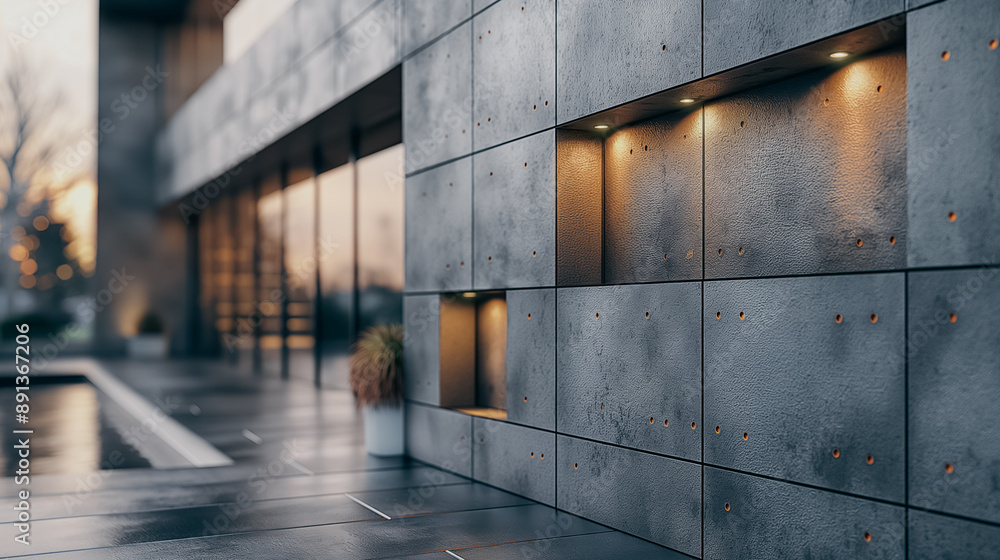 Close-up of a concrete wall with recessed panels, reflecting modern architectural style and clean aesthetics. Close-up of a concrete wall with recessed panels, reflecting modern architectural style and clean aesthetics.