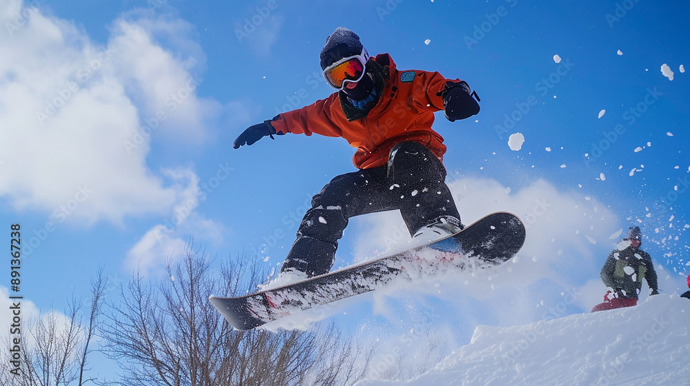 A snowboarder in mid-air performing a trick against a bright blue sky, capturing the excitement and thrill of snow sports. A snowboarder in mid-air performing a trick against a bright blue sky, capturing the excitement and thrill of snow sports.