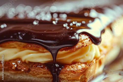 An irresistible image of a layered pastry, filled with creamy custard and covered in glossy chocolate, showcasing its rich textures and mouth-watering appeal. photo