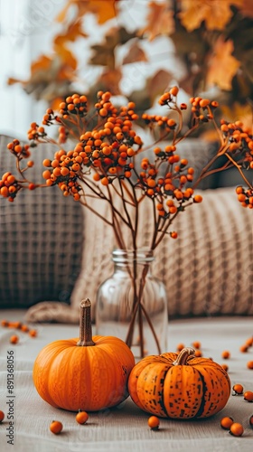 A white sofa with patterned pillows is decorated for fall with a vase of orange flowers, an orange pumpkin, and a white pumpkin. photo