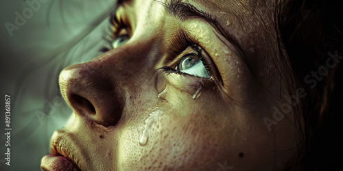 A Silent Cry for Comfort: A woman's tear-streaked face, looking up to the sky.