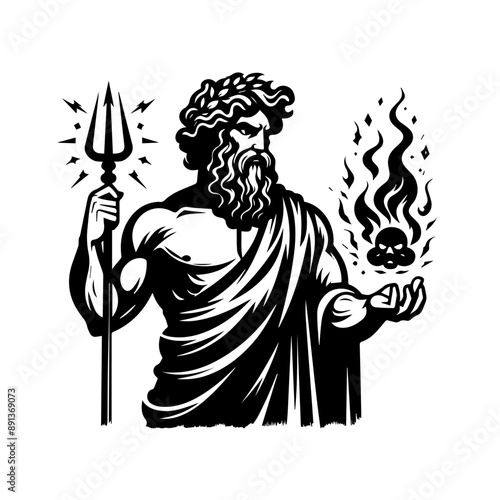 greek god of fire and blacksmithing Hephaestus illustration. black and white illustration of god Hephaestus no fill. Roman god Vulcan. Greek deity. Roman deity