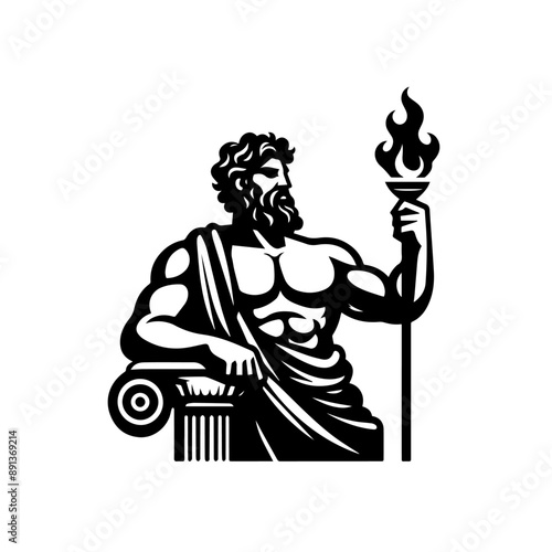 greek god of fire and blacksmithing Hephaestus illustration. black and white illustration of god Hephaestus no fill. Roman god Vulcan. Greek deity. Roman deity