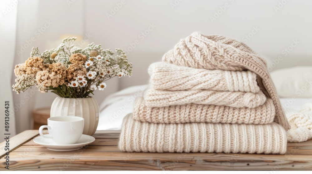 A warm beverage rests on top of two knit blankets with a string of fairy lights weaving around them, creating a cozy winter scene A warm beverage rests on top of two knit blankets with a string of fairy lights weaving around them, creating a cozy winter scene