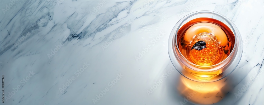 Minimalist composition of a clear glass cup of peach tea on a white marble surface, with a single peach slice floating inside Minimalist composition of a clear glass cup of peach tea on a white marble surface, with a single peach slice floating inside