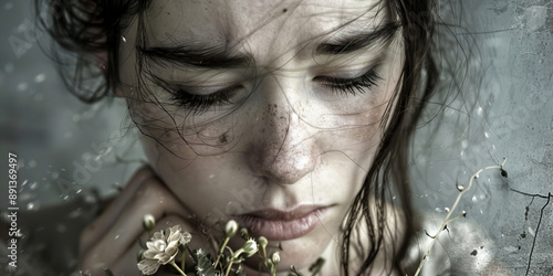 The Heavy Heart's Burden: A young woman tenderly holding a faded bouquet of flowers, her eyes cast downwards in sorrow.