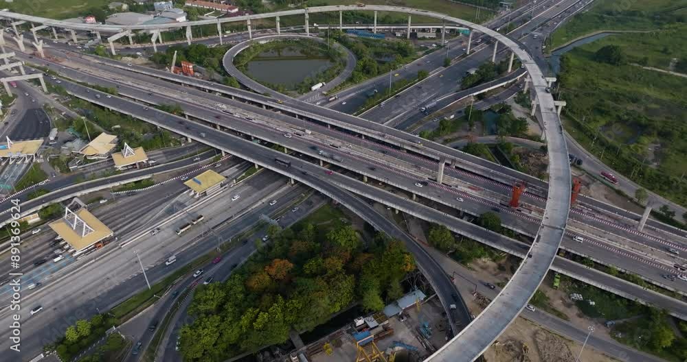 Aerial view city transpotr junction road with car transport road transport industry Aerial view city transpotr junction road with car transport road transport industry