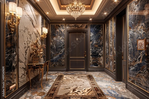 A beautifully designed hallway featuring dark marble walls, elaborate decor, and a gleaming chandelier, offering a grand and sophisticated entrance to the home. photo