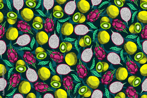 seamless pattern kiwi and dragon fruit vector drawing