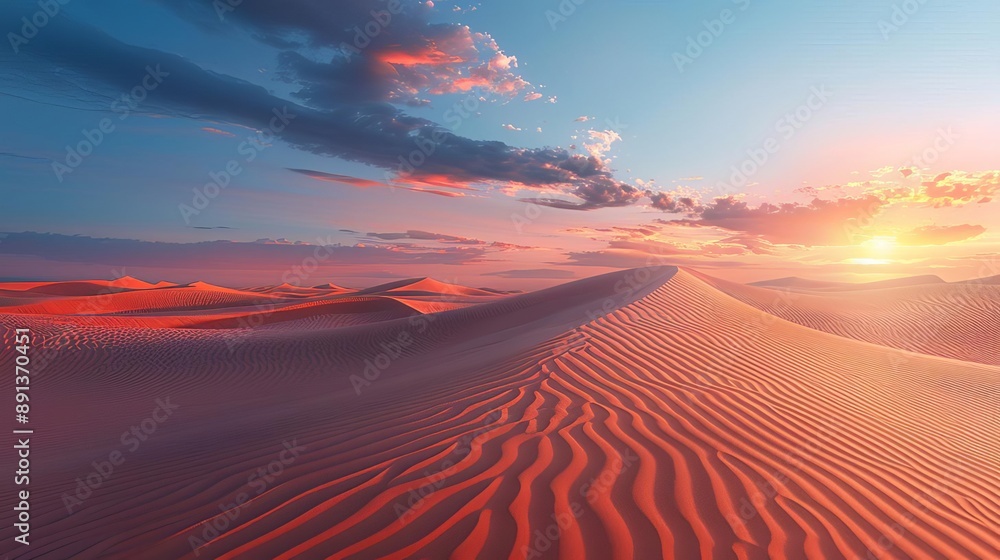 Desert sand dunes at sunset, wind creating ripples on the surface Desert sand dunes at sunset, wind creating ripples on the surface