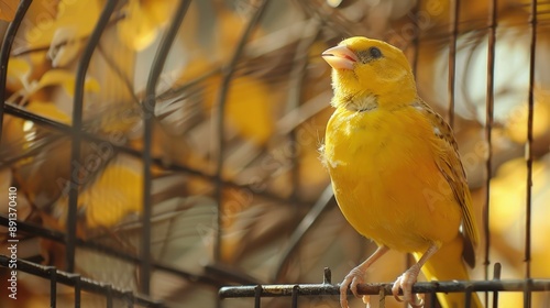 A yellow canary sits on a wire cage with its head turned slightly to the side and its beak slightly open