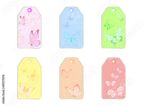 Set of blank gift box tags or sale shopping labels with rope. Pastel colors paper and texture realistic material With Butterfly illustration. Scrapbooking Tags for Empty organic style stickers. Flat