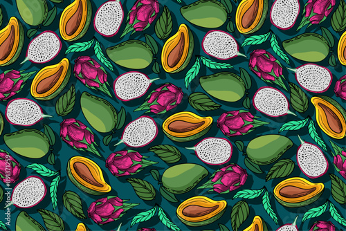 seamless pattern mango and dragon fruit vector drawing