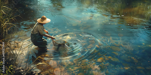 The Ancient Art: A fisherman using a traditional net dipping for shrimp in a shallow stream photo