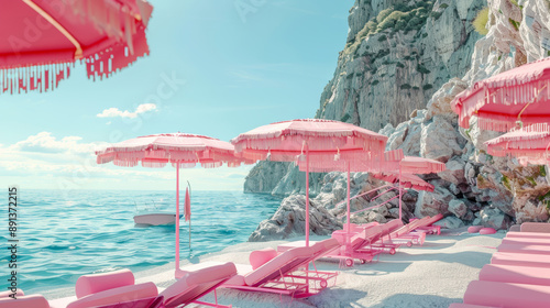 Fototapeta Naklejka Na Ścianę i Meble -  sea and beach, with pink beach umbrella on the land