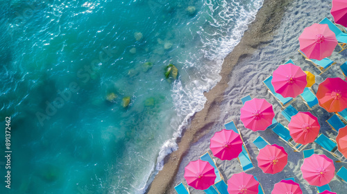 Fototapeta Naklejka Na Ścianę i Meble -  sea and beach, with pink beach umbrella on the land