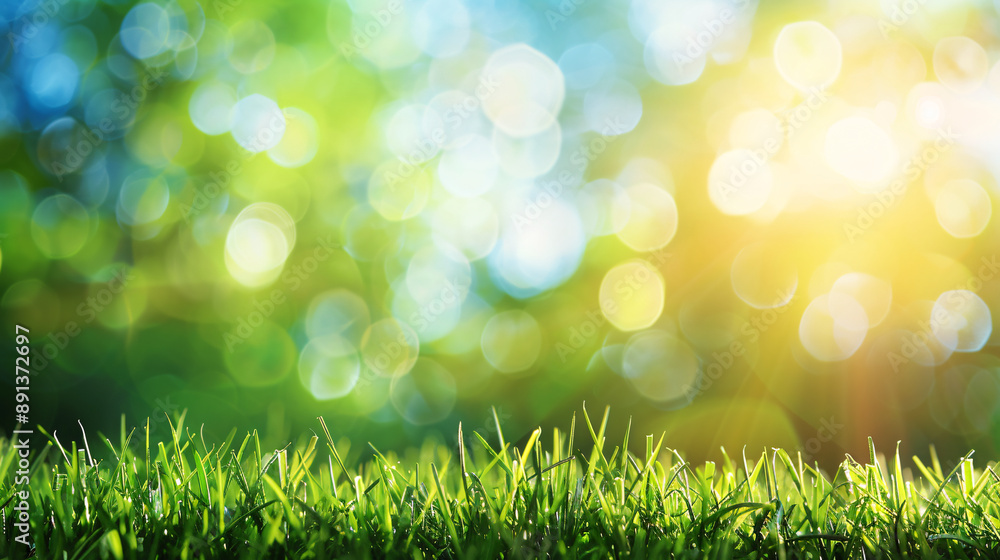 Obraz premium A beautiful sunny spring meadow with green grass and a blue sky, featuring an abstract background with light bokeh and space for text.