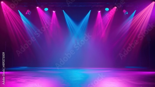 Theater stage light background with spotlight illuminated the stage.. Empty stage with bright colors backdrop decoration. Entertainment show. photo