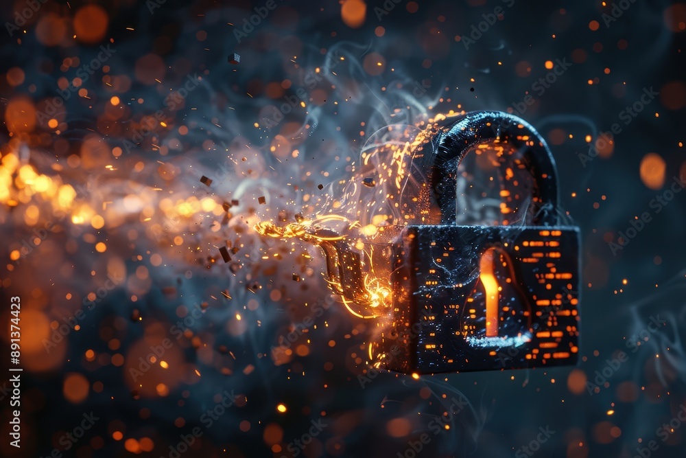 Dramatic padlock breaking in spark and smoke, symbolizing digital security breach or encryption vulnerability. Dramatic padlock breaking in spark and smoke, symbolizing digital security breach or encryption vulnerability.