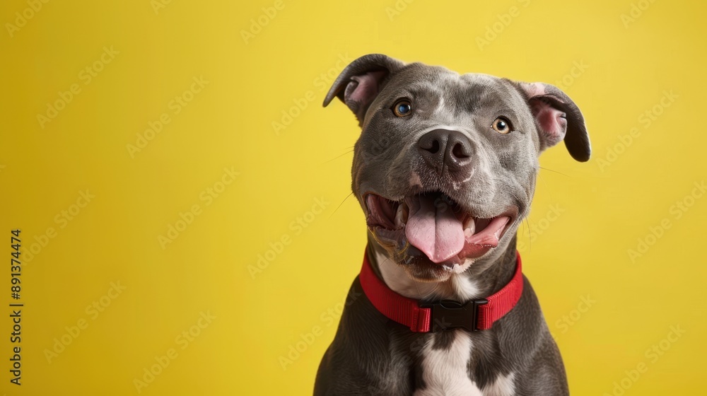 The gray dog with red collar