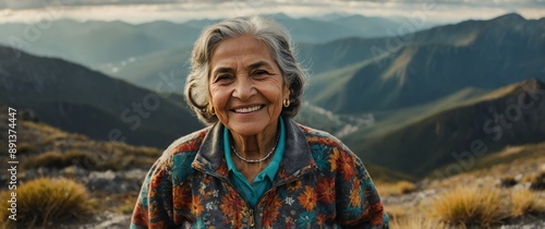 elderly hispanic woman in cloudy top of mountain sunny peak portrait smiling landscape background
