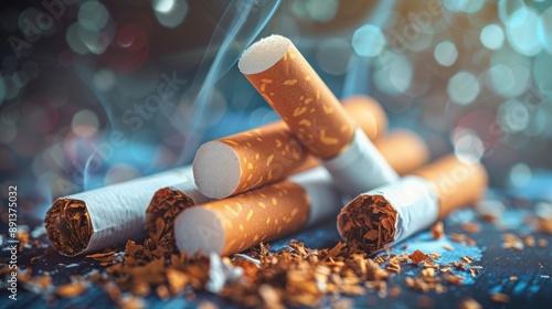 A close-up shot of several cigarettes with tobacco visible, set against a dark background, emphasizing texture and detail. photo