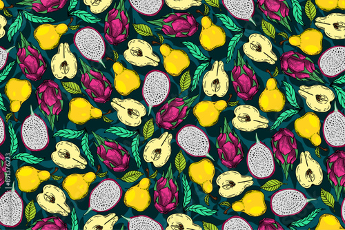 seamless pattern dragon fruit and pear vector drawing
