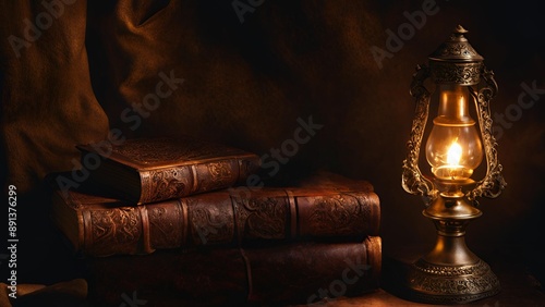 set of old books and a classic lamp