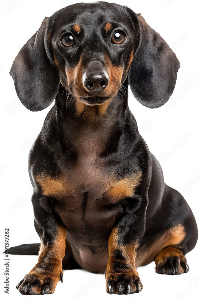 A close-up of a black and tan Dachshund with a curious and attentive expression.
