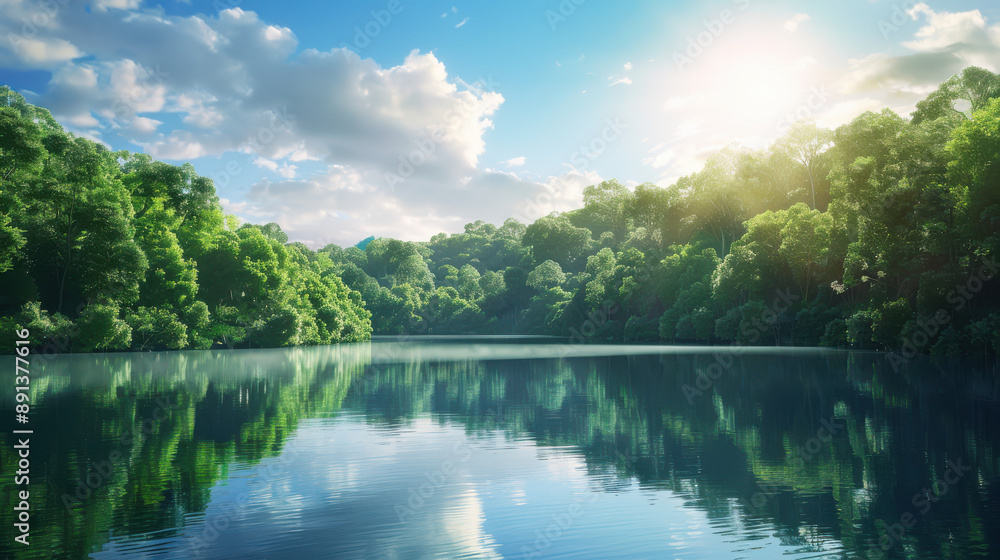 Obraz premium A photograph of a serene forest lake, surrounded by lush green trees, under a clear blue sky with a few scattered clouds