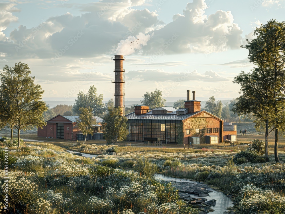 Hyper-Realistic 3D Rendering of Industrial Factory in Rural Landscape Hyper-Realistic 3D Rendering of Industrial Factory in Rural Landscape