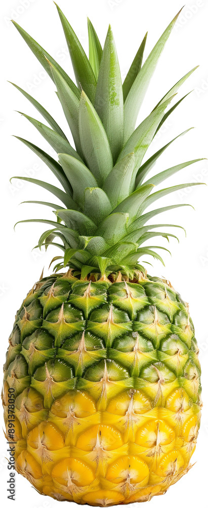 A close-up of a ripe pineapple with green spiky leaves.
A close-up of a ripe pineapple with green spiky leaves.