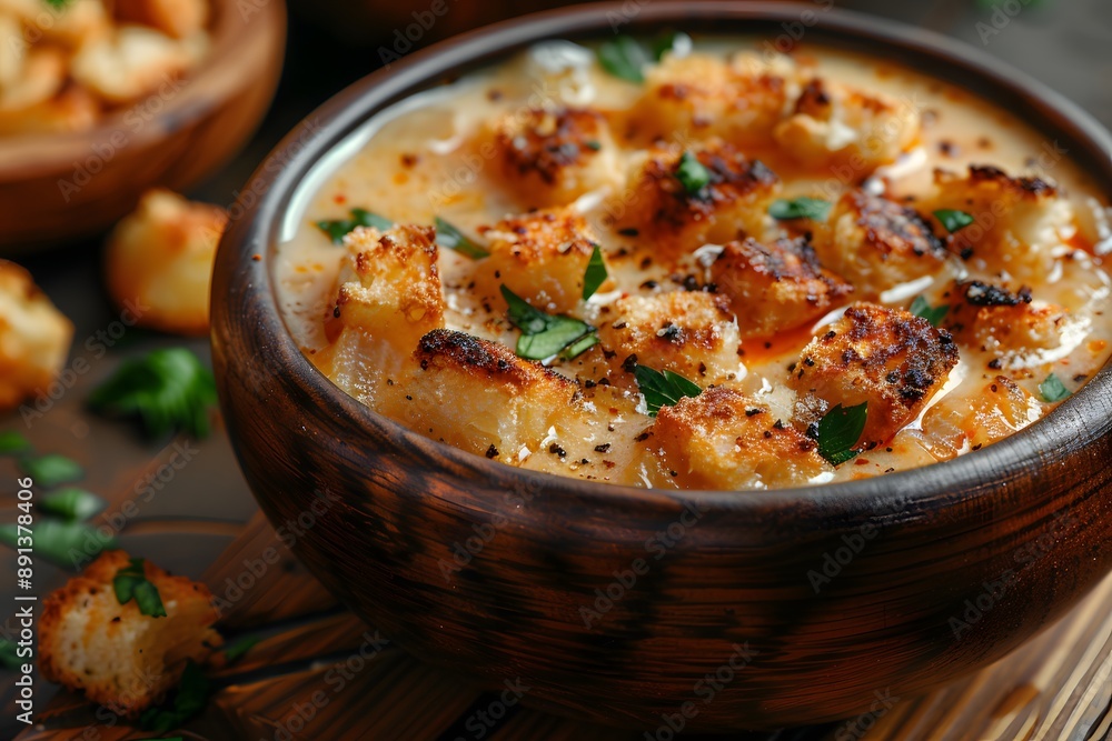 Homemade Creamy Soup with Golden Croutons and Fresh Herbs Perfect for Comfort Food, Winter Meals Homemade Creamy Soup with Golden Croutons and Fresh Herbs Perfect for Comfort Food, Winter Meals