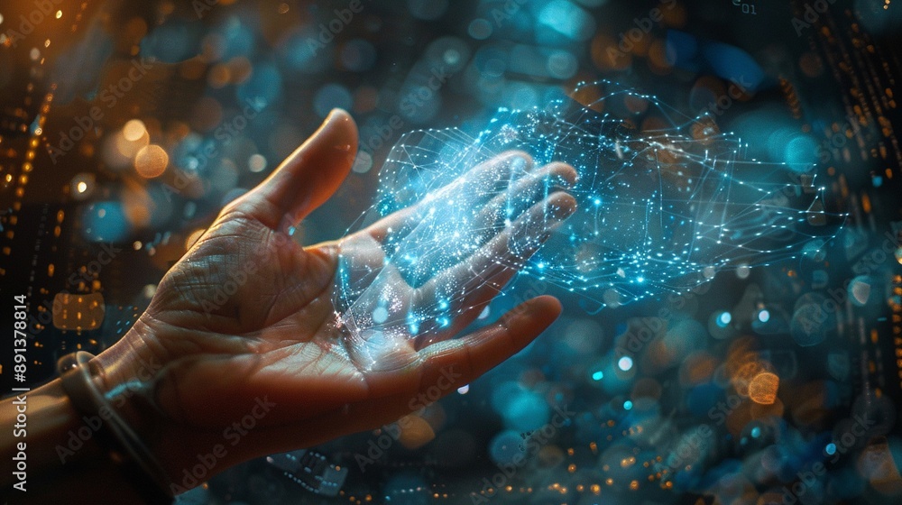 Holographic Interface, A hand interacting with a slowly materializing holographic interface, symbolizing advanced virtual reality Holographic Interface, A hand interacting with a slowly materializing holographic interface, symbolizing advanced virtual reality
