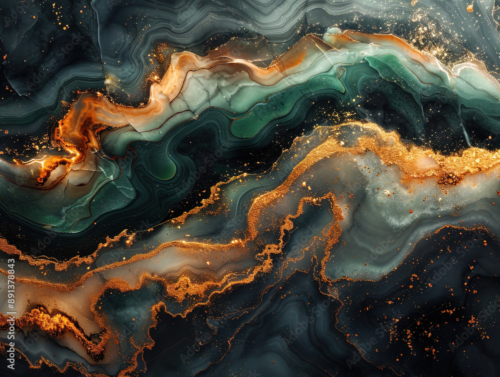 Luxury abstract fluid art alcohol ink background in a green color with a liquid gold paint. Art for your design project. Closeup of the painting