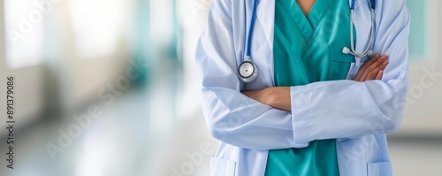 A healthcare professional in scrubs and a stethoscope stands confidently in a hospital corridor, embodying expertise and care.