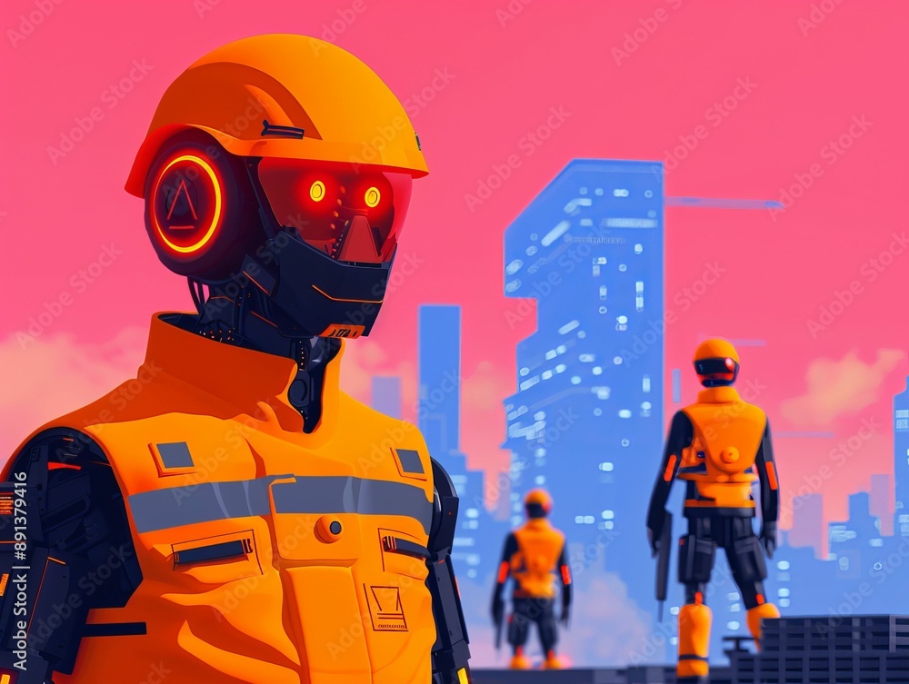 Fototapeta premium Futuristic robot workers in vibrant orange attire stand against a sleek, modern skyline during a colorful sunset.