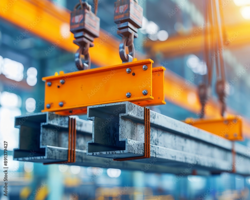Industrial crane lifting steel beams in a warehouse environment, showcasing heavy machinery and construction activity. Industrial crane lifting steel beams in a warehouse environment, showcasing heavy machinery and construction activity.