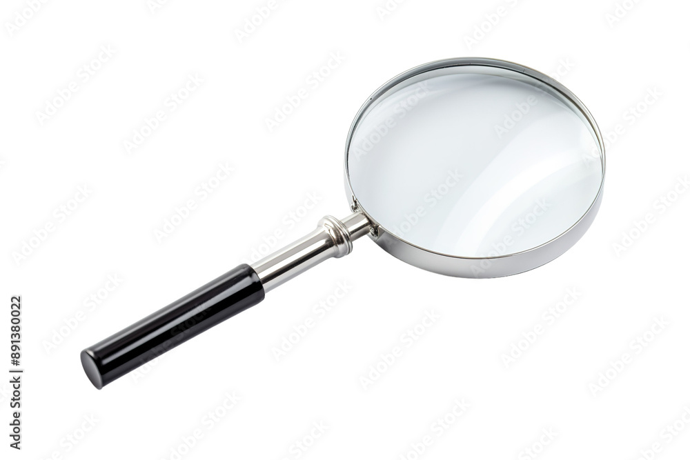 A Silver-Framed Magnifying Glass With A Black Handle on a Clear PNG or White Background. A Silver-Framed Magnifying Glass With A Black Handle on a Clear PNG or White Background.