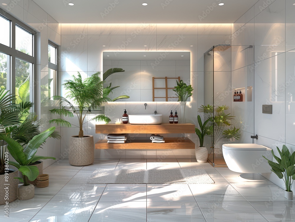 Modern Minimalist Bathroom with Walk-in Shower and Floating Vanity in Hyper-realistic 3D Rendering Modern Minimalist Bathroom with Walk-in Shower and Floating Vanity in Hyper-realistic 3D Rendering