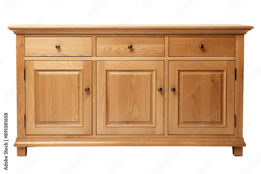A Timeless Oak Sideboard With Three Doors and Three Drawers on a Clear PNG or White Background. A Timeless Oak Sideboard With Three Doors and Three Drawers on a Clear PNG or White Background.