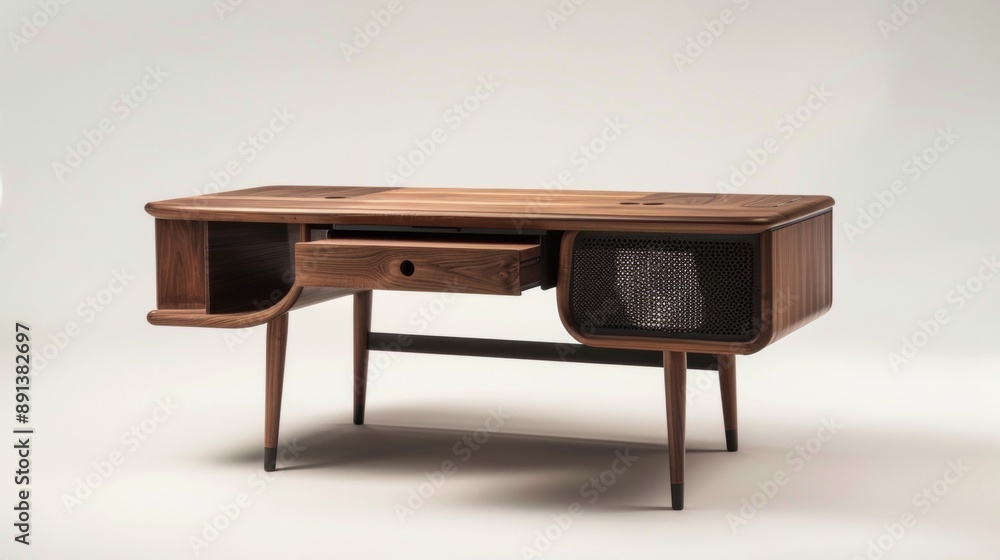 A wooden desk with a drawer and a speaker A wooden desk with a drawer and a speaker