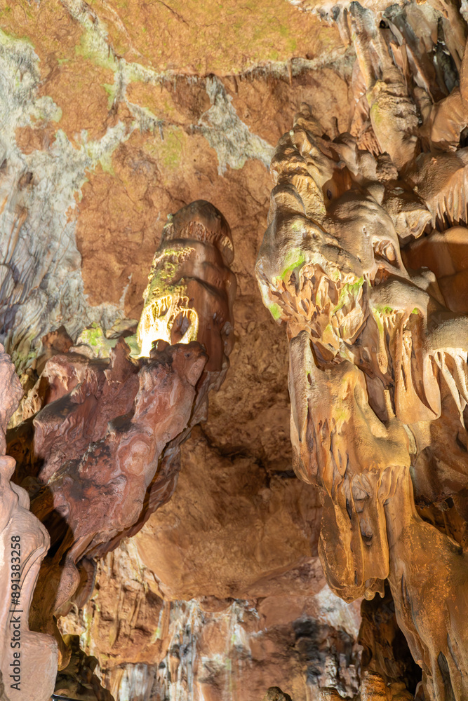 Naklejka premium The cave is full of rocks and has a lot of moss growing on it. The moss is green and brown in color.