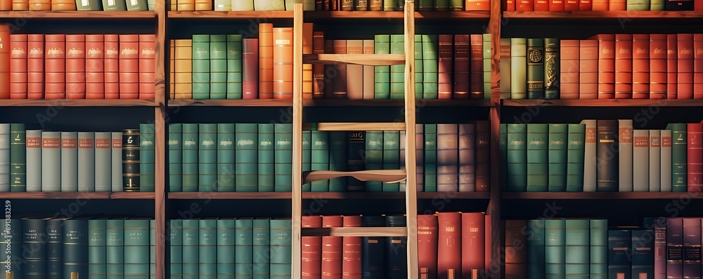 A serene library setting capturing the essence of simplicity, featuring a wall of books in diverse hues and a wooden ladder adding a touch of vintage charm. A serene library setting capturing the essence of simplicity, featuring a wall of books in diverse hues and a wooden ladder adding a touch of vintage charm.
