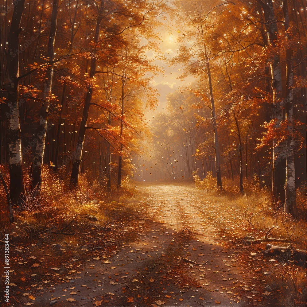 Fototapeta premium Serene Autumn Forest Path Leading through Golden Trees with Falling Leaves - Tranquil Nature Escape in Fall Season